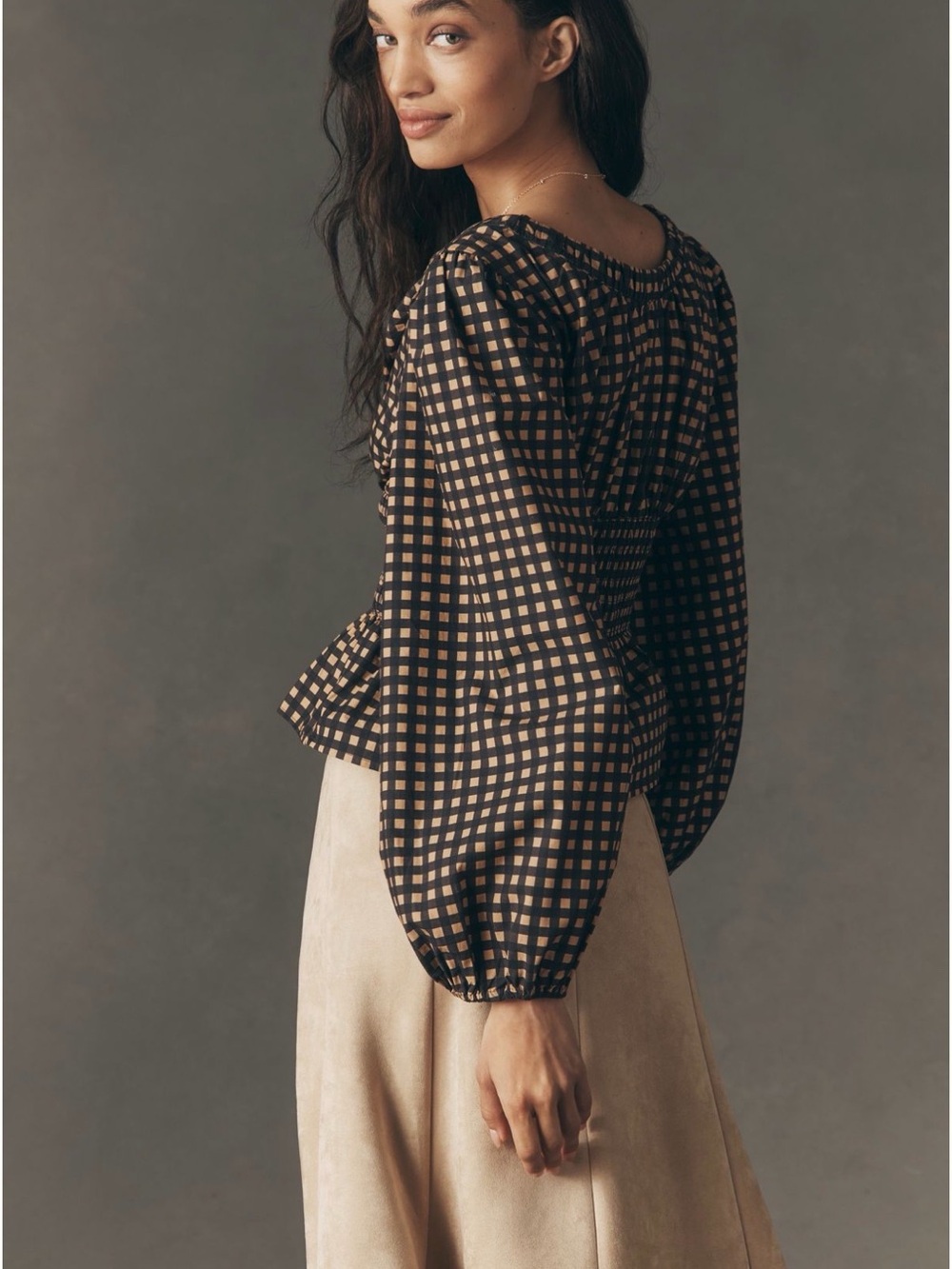 Anthropologie Smocked Waist Black and Tan Check Peplum Blouse - Women Tops - Picture 4 of 7